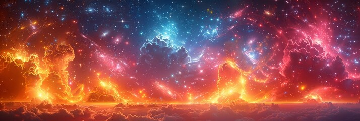 Poster - A colorful space featuring swirling fire and billowing clouds creating a dynamic and dramatic panoramic scene