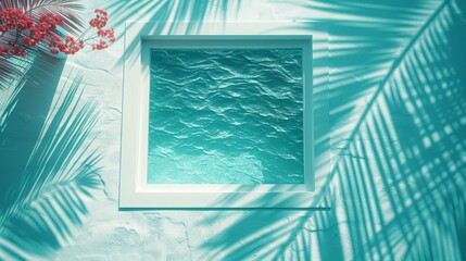 Poster - View of palm leaves on blue pool  water  background, creating a tropical ambiance