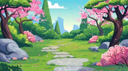 Wall Mural - Nature landscape cartoon in the form of a picturesque forest or garden with stone paths, deciduous trees, rocks, grass and blooming sakura. Modern illustration of a summer wood natural scene.