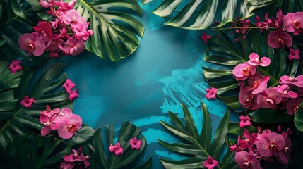 Poster - Pink flowers and green leaves contrast beautifully against a vibrant blue backdrop in this colorful composition