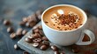 Indulgent Cappuccino with Rich Espresso, Dark Crema, Nutty Chocolate Notes, and Beans. Concept Coffee tasting notes, Cappuccino recipe, Espresso brewing methods, Coffee bean varieties