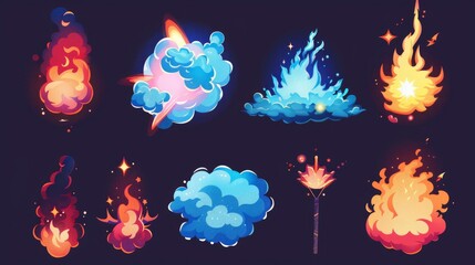 Poster - Light flashes, energy bursts, and blue smoke clouds with fire. 2D cartoon animation blast effects isolated on white.