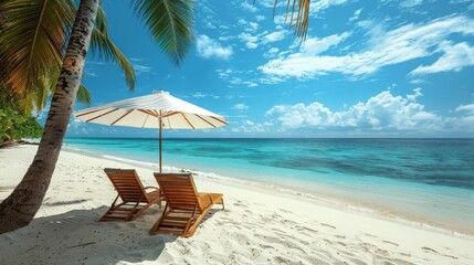 Aufkleber - Two lounge chairs positioned under a blue umbrella on a sandy beach by the ocean