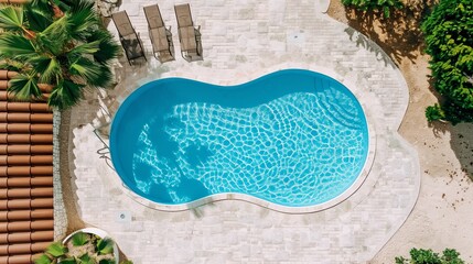 Aufkleber - A swimming pool sits in the center of a group of palm trees, creating a tropical oasis from above