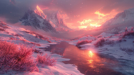 Wall Mural - Sunset over snow-covered mountains and a serene river valley