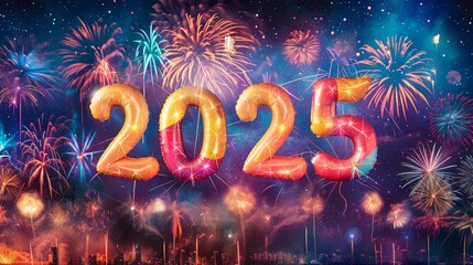 Sticker - The year 2025 is celebrated with vibrant fireworks lighting up the sky