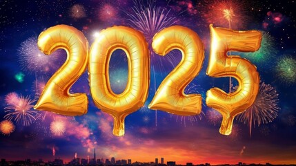 Poster - A golden balloon with the number 2025 floating in the air