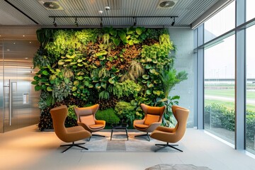 Poster - A modern office space filled with a variety of green plants covering a large wall, creating a lively and refreshing work environment