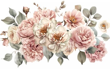 Wall Mural - Pale pink camellias, dusty roses, ivory white peonies, blush protea, pink ranunculus, watercolor vector design bouquet