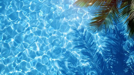 Poster - A blue swimming pool with several palm trees growing in the water, creating a tropical oasis