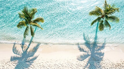 Aufkleber - Two tall palm trees stand on a pristine white sand beach under a clear blue sky