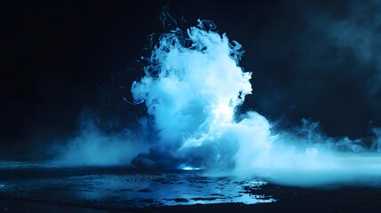 Poster -  a scene of stark contrast, with a white spotlight piercing through the blackness, highlighting our brand. Suddenly, bursts of electric blue smoke fill the air, drawing attention to the elegance of ou