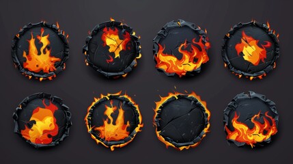 Poster - Old round notes with fire and black ash on edge isolated on transparent background. Smoldering paper labels with flame, modern realistic set.