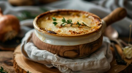 Wall Mural - Bowl of French onion soup resting on rustic wooden table