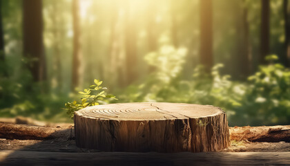 Wall Mural - A tree stump sits in the middle of a forest, with sunlight shining on it