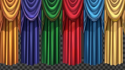Canvas Print - An isolated set of theater curtains for a scene in a theater. The curtains are made up of red, blue, green, and yellow fabrics.