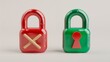 Security concept icons with red and green padlocks with checkmarks and crosses on a white background. 3D rendering illustration. 3D illustration.