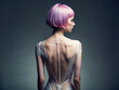 Pink hair Pretty Girl. Color Bob Hair Beautiful Young Woman in Dress with open Back