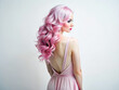 Curly Pink hair Pretty Girl. Color Hair Beautiful Young Woman in Dress with open Back