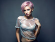 Pink hair Girl. Color Short Hair Beautiful Young Woman in transparent top