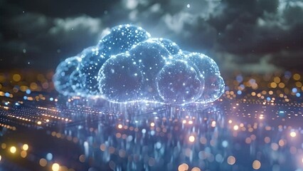 Poster - Digital illustration of cloud storage concept, featuring glowing cloud hovering over a microcircuit