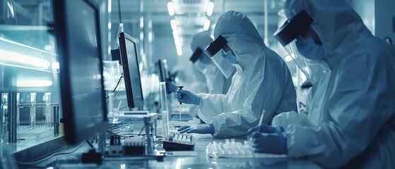 Poster - Research Scientists in Sterile Suits Working with Computers, Microscopes, and Industrial Machinery in the Laboratory. Pharmaceutical, Semiconductor, and Biotechnology Products.