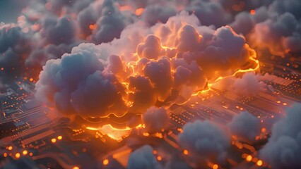 Poster - Creative depiction of cloud storage, featuring a luminous digital cloud floating a microcircuit