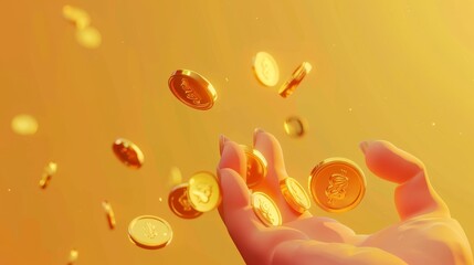 Aufkleber - Hand holding paper cash money and banknotes. Hand holding dollar bills, gold coins for paying, exchanging, taking, 3D render illustration isolated on a white background.