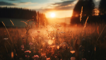 Wall Mural - A serene landscape of a meadow during sunset. The image captures the sun setting low in the sky, casting a warm golden light