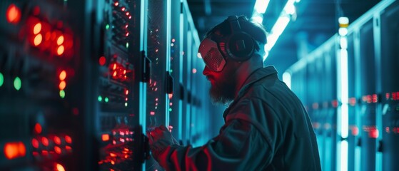 Poster - Data Center: IT Engineer Wearing Protective Muffs Installs New Hardware for Server Rack. Specialist Operating Diagnostics, Updating Hardware and Maintaining a System for Stable Functioning.