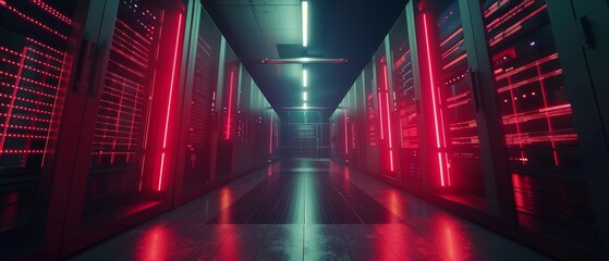 Poster - Image of a modern data center with multiple rows of operational server racks. Modern supercomputer clean room for high-tech databases.