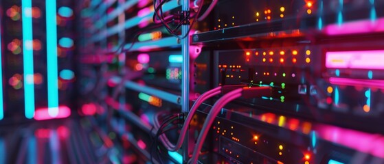Poster - Blinking LED lights, fiber optic cables, hardware equipment in a data center: close-up shot.