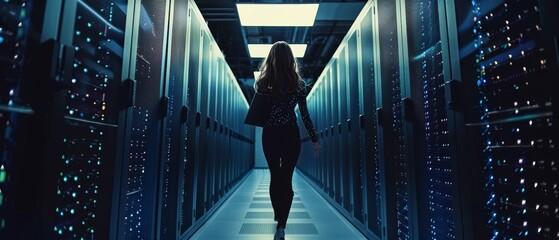 Poster - An IT specialist in a modern high-tech telecommunications operating data center walks along the row of operational server racks while using her laptop to run maintenance.