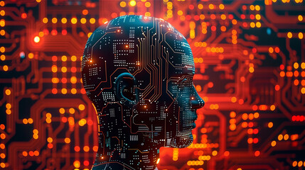 Wall Mural - Artificial Intelligence concept with human head silhouette and circuit board background