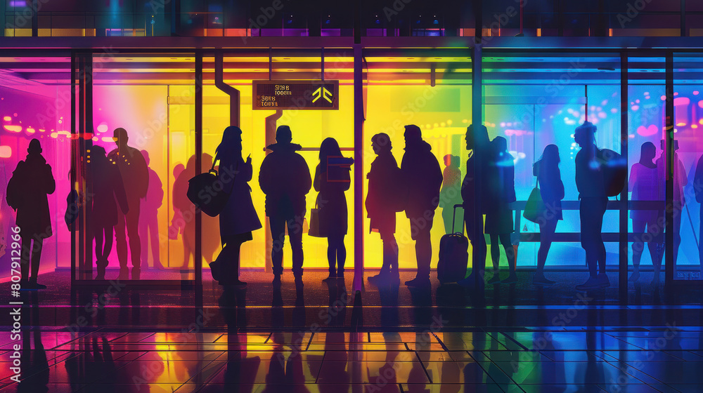 a depiction of commuters of different cultures and backgrounds gathered ...