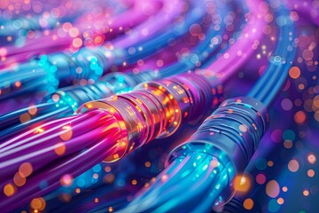 Poster - A close-up view of a bunch of colorful wires bundled together, possibly used for data transmission or networking purposes. Generative AI