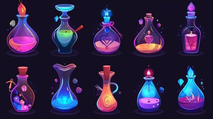 Wall Mural - A cartoon set of magic potion bottles isolated on a black background. Modern illustration of different shaped glass jars with colorful substances. Intended for use in games.
