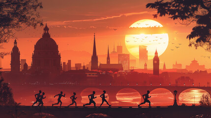 Wall Mural - a depiction of silhouetted runners navigating through city streets and alleyways during a dawn urban marathon, with streetlights casting long shadows and neon signs glowing in the darkness