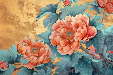 peony in the ancient art of China, Retro, nostalgic, golden brushstrokes. Textured background. modern Art. Floral leaves, green, gray, wallpaper, poster, card