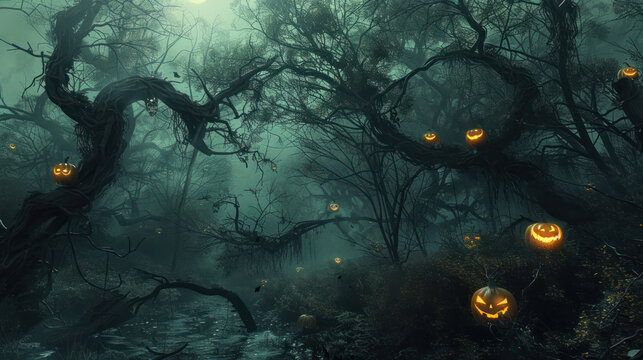 a haunting depiction of an eerie glade nestled within a sinister forest, where malevolent pumpkins with glowing eyes leer from atop lifeless branches, infusing the scene 