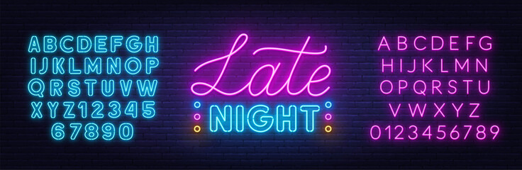 Poster - Late Night Neon Sign on brick wall background.