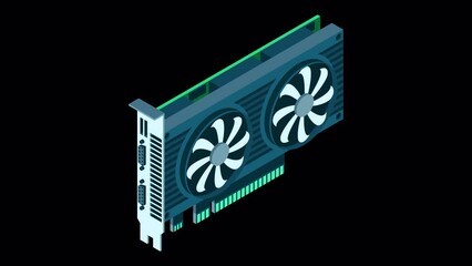 Poster - 3d isometric video graphic card animation. Isometric of device graphic card. Personal computer hardware component. Transparent background with alpha channel
