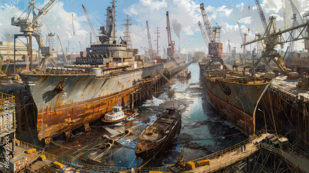 a panoramic view of a shipyard, with dry docks and gantry cranes ...