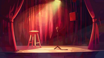 Wall Mural - Comedy club stage with red curtains, microphone, wooden stool in light beam. Stage is ready for standup show or concert. Cartoon modern illustration.