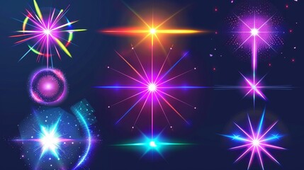 Poster - Modern realistic set of bright light beams, laser rays, neon glow effect. Abstract flares, color flashes of disco ball, party lights with rays isolated on transparent background.