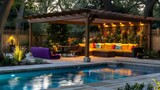 Fototapeta Sport - Outdoor furniture by pool under pergola in backyard living area. Concept Backyard Design, Outdoor Living Space, Poolside Pergola, Outdoor Furniture, Relaxing Al Fresco Area