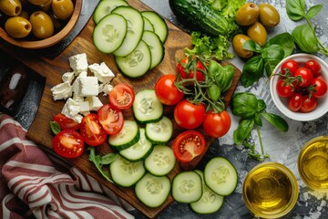 Wall Mural - Cucumbers and tomatoes displayed on a cutting board, ready for preparation in a Mediterranean salad with feta cheese and olives