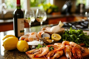 Canvas Print - A wide shot of a beautifully set kitchen counter displaying a variety of fresh seafood, including shrimp and clams