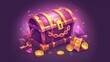 There is a treasure chest filled with gold coins, locked with a chain and padlock and key. A game icon of a treasure chest full of golden coins, isolated on a wooden background, with glowing golden