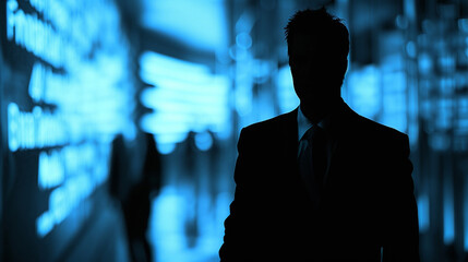 Silhouette of a businessman in front of a digital screen. AI.